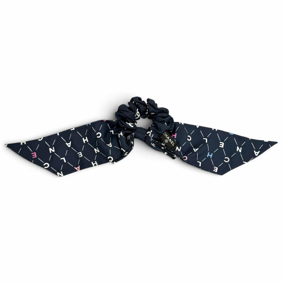 Great CHANEL Shush COCO Mark Logo Design Ribbon Navy silk Women