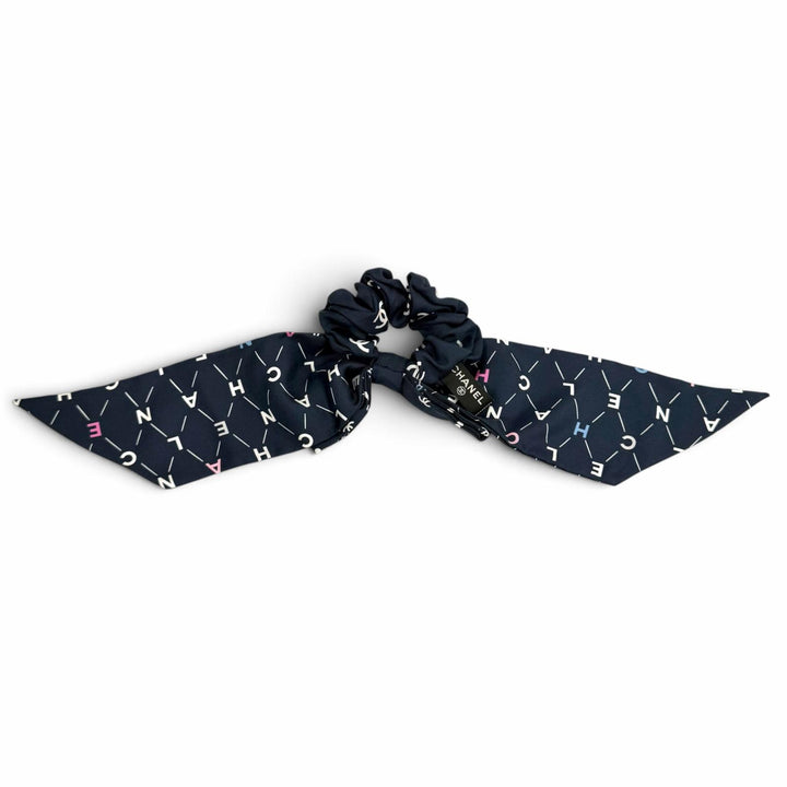 Great CHANEL Shush COCO Mark Logo Design Ribbon Navy silk Women