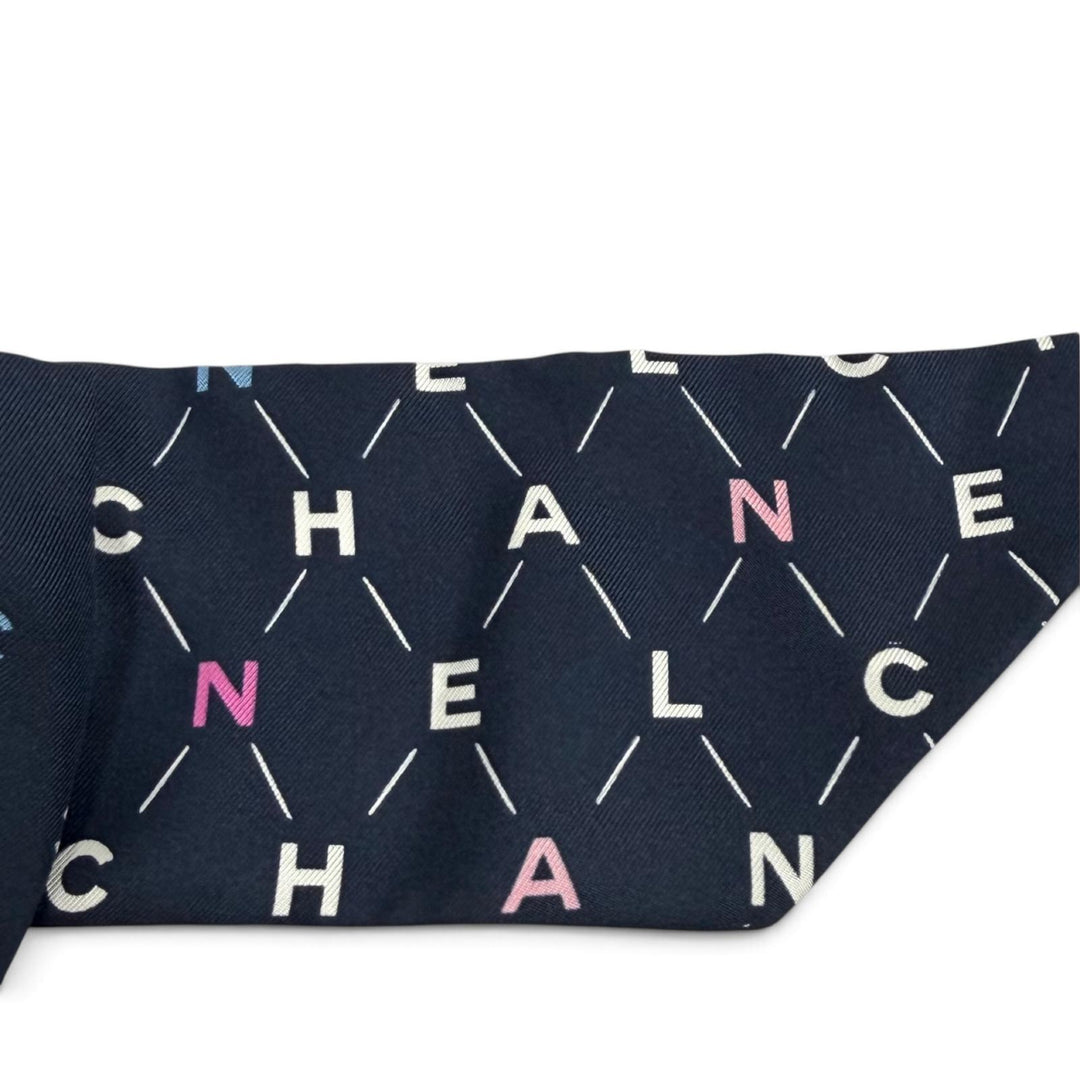 Great CHANEL Shush COCO Mark Logo Design Ribbon Navy silk Women