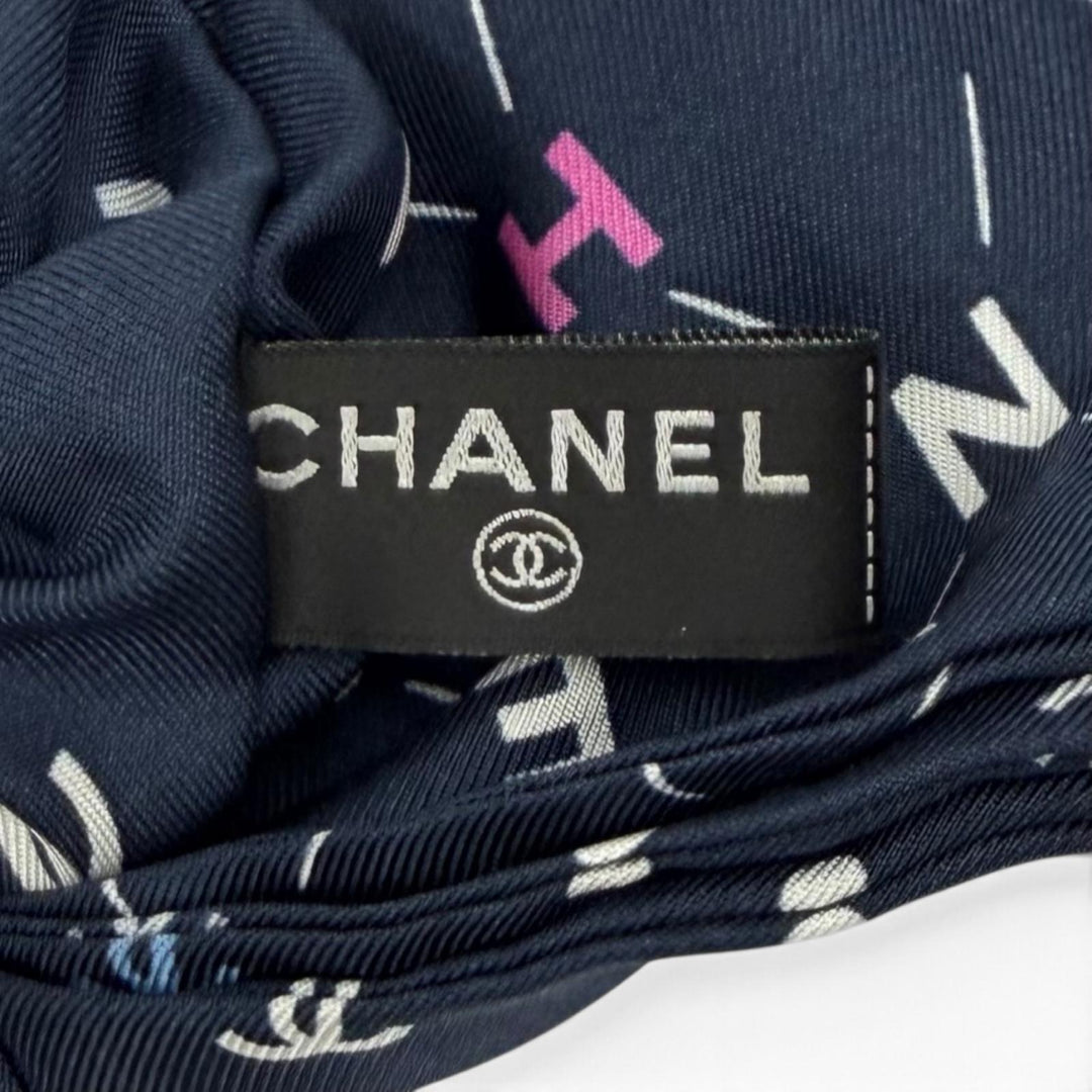 Great CHANEL Shush COCO Mark Logo Design Ribbon Navy silk Women