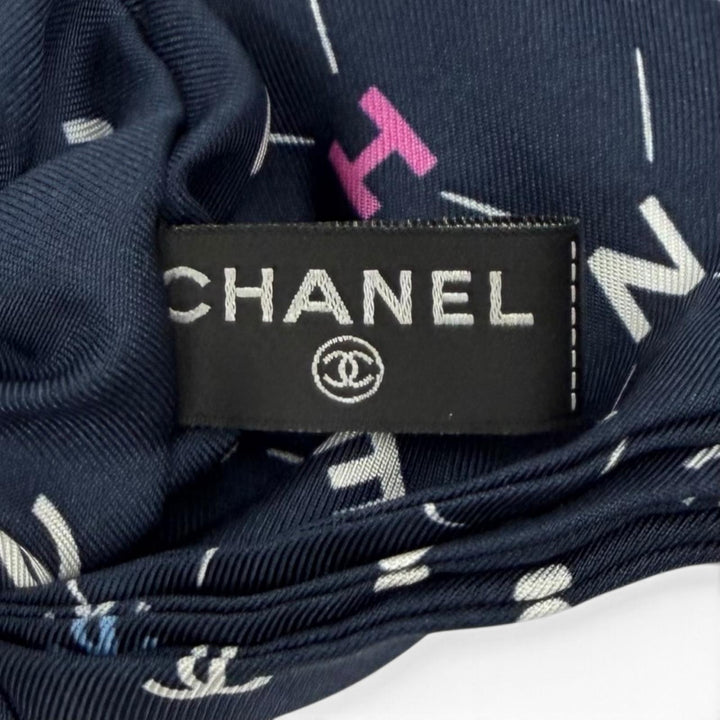 Great CHANEL Shush COCO Mark Logo Design Ribbon Navy silk Women