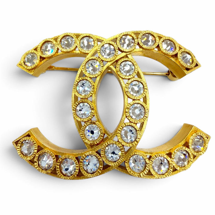 Excellent CHANEL Brooch Médie-Art Collection Rhinestone COCO Mark gold P22A