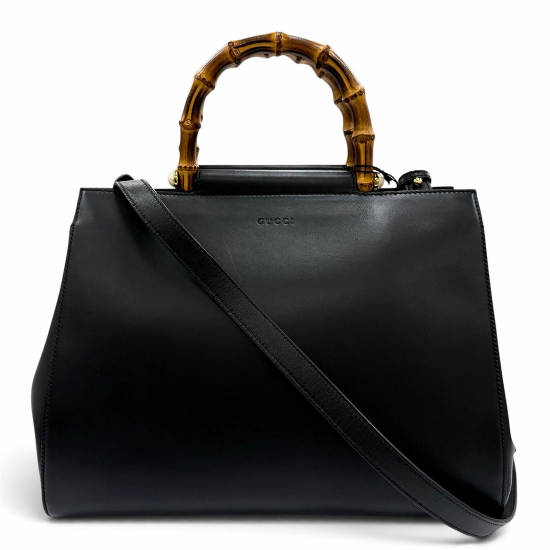 Excellent GUCCI Nymphaea Medium Bamboo 2way Leather Shoulder Bag black 45376