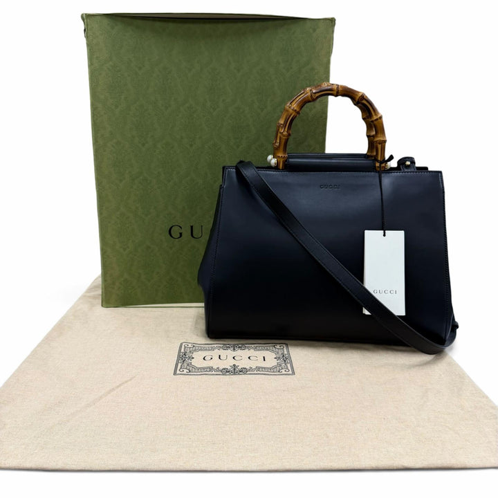 Excellent GUCCI Nymphaea Medium Bamboo 2way Leather Shoulder Bag black 45376