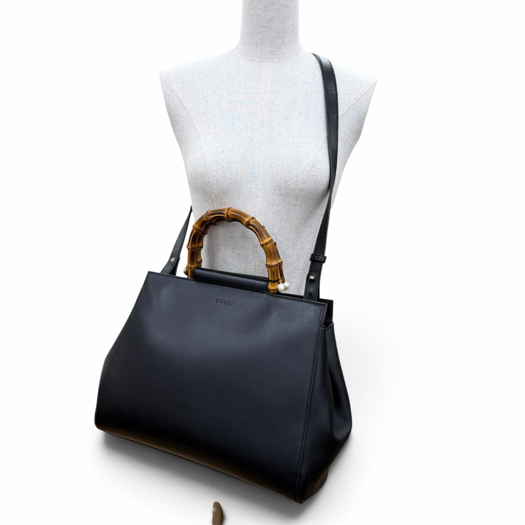 Excellent GUCCI Nymphaea Medium Bamboo 2way Leather Shoulder Bag black 45376