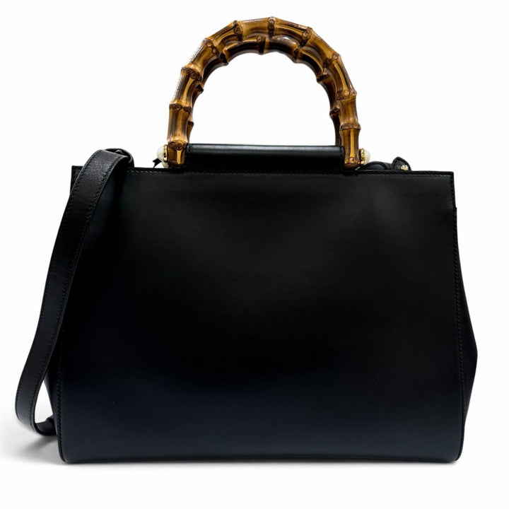 Excellent GUCCI Nymphaea Medium Bamboo 2way Leather Shoulder Bag black 45376