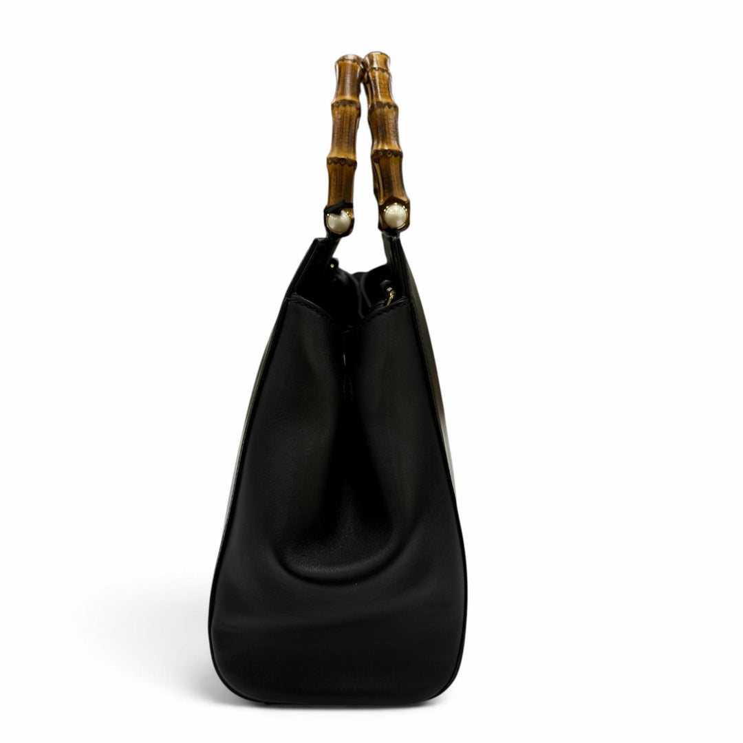 Excellent GUCCI Nymphaea Medium Bamboo 2way Leather Shoulder Bag black 45376