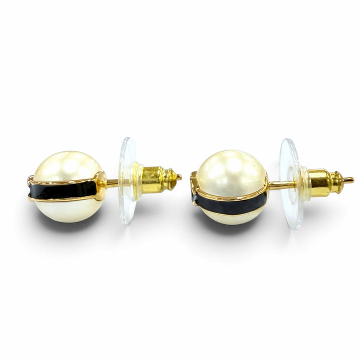 Excellent CHANEL Pierce COCO Mark Eco Pearl Black Line Accessories black B24
