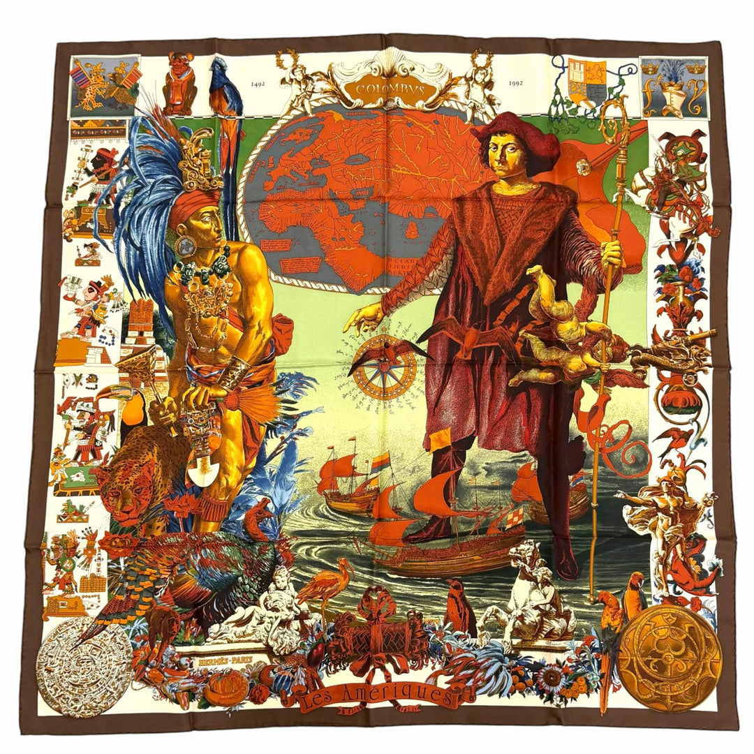 Excellent HERMES scarf Les Ameriques COLOMBVS Calle 90 Brown silk Women