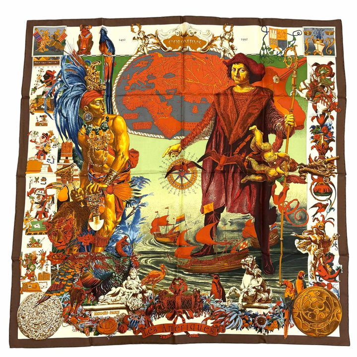 Excellent HERMES scarf Les Ameriques COLOMBVS Calle 90 Brown silk Women