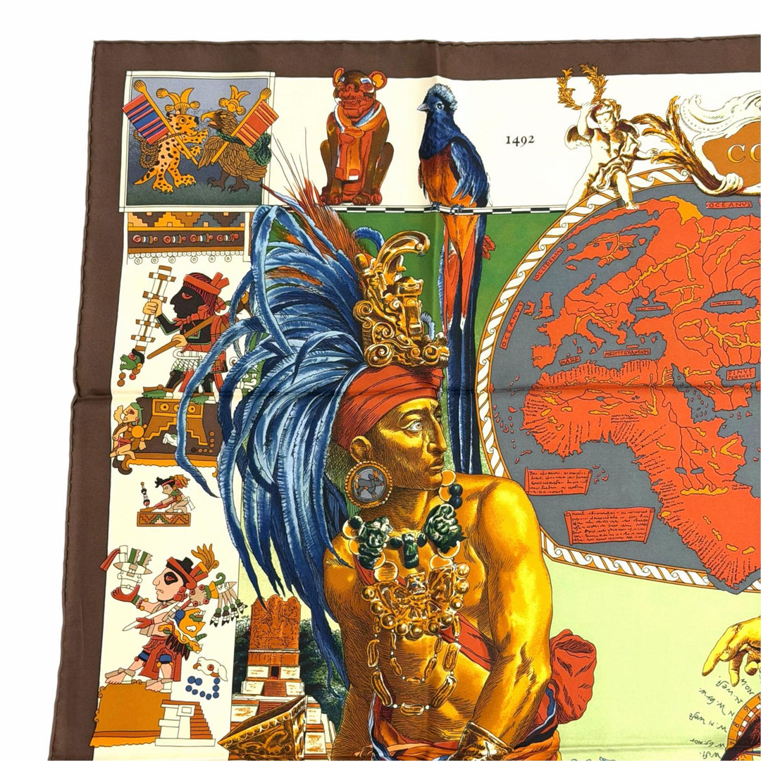 Excellent HERMES scarf Les Ameriques COLOMBVS Calle 90 Brown silk Women