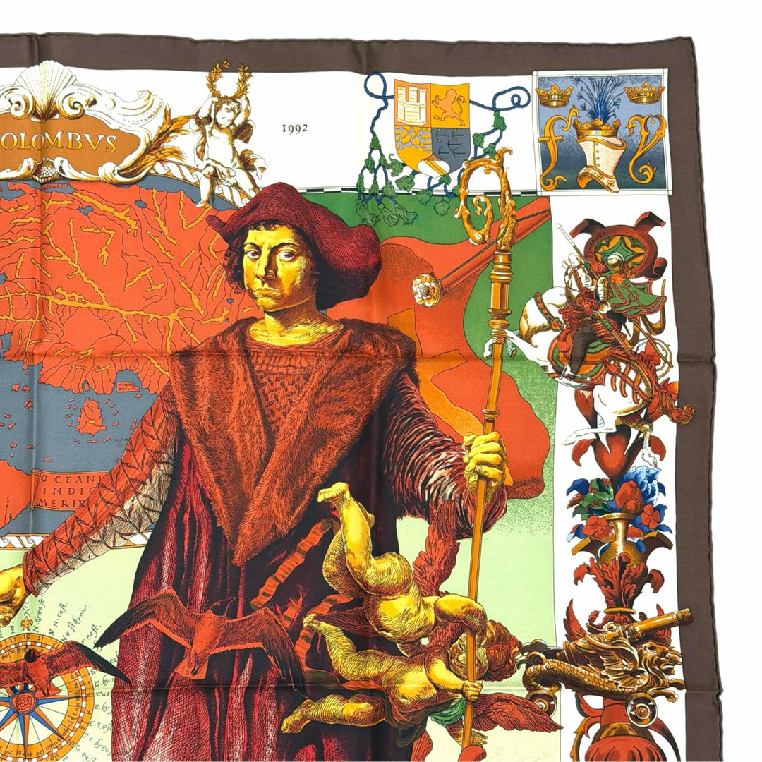 Excellent HERMES scarf Les Ameriques COLOMBVS Calle 90 Brown silk Women