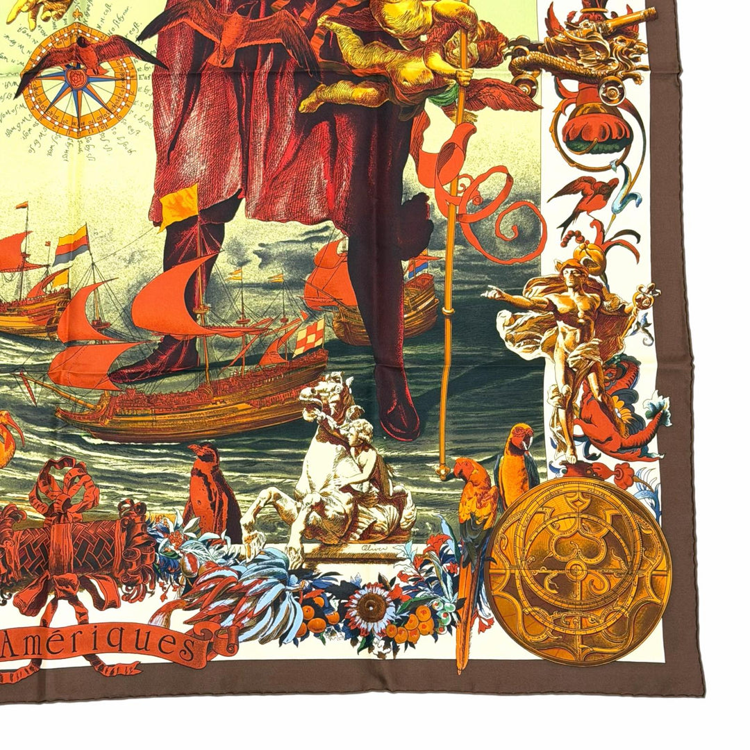 Excellent HERMES scarf Les Ameriques COLOMBVS Calle 90 Brown silk Women