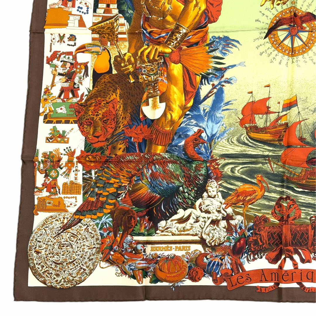 Excellent HERMES scarf Les Ameriques COLOMBVS Calle 90 Brown silk Women