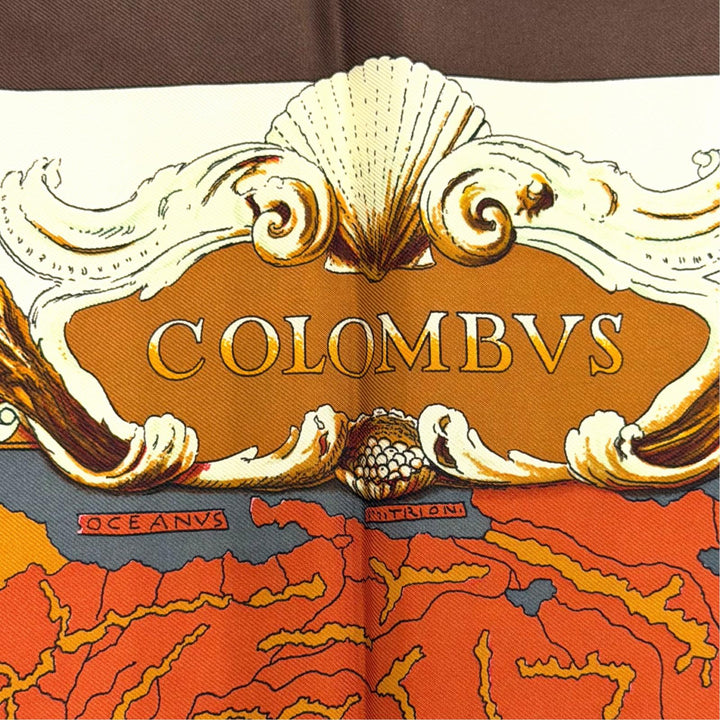 Excellent HERMES scarf Les Ameriques COLOMBVS Calle 90 Brown silk Women