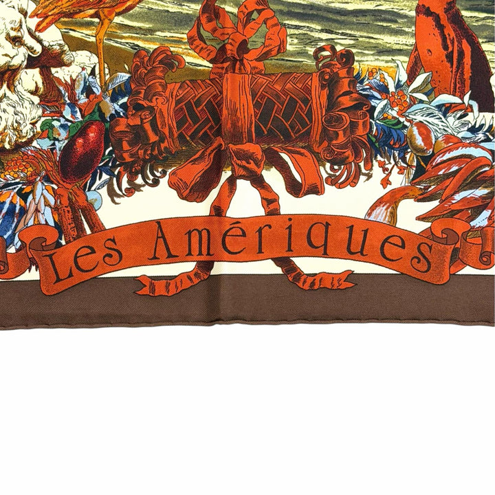Excellent HERMES scarf Les Ameriques COLOMBVS Calle 90 Brown silk Women