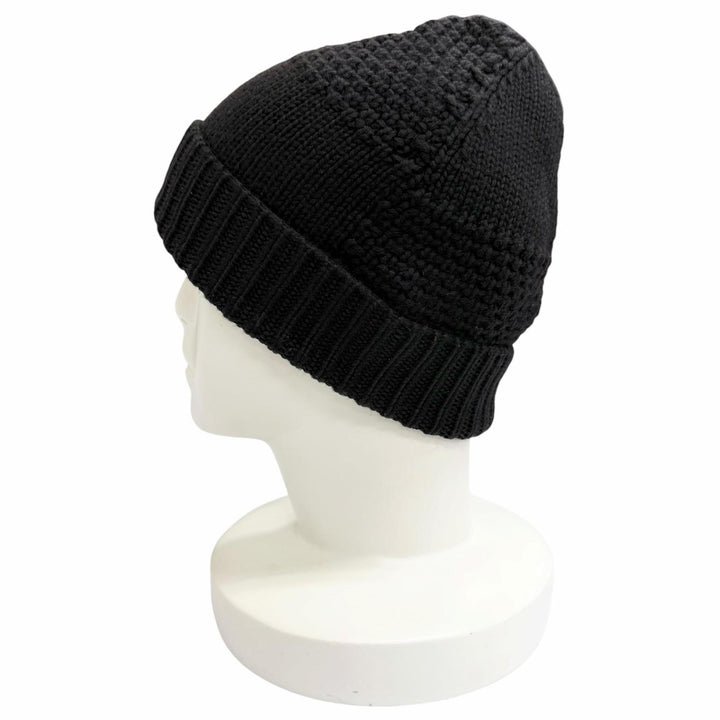Great LOUIS VUITTON Knit cap Logo leather patch Damier knit hat black 402775