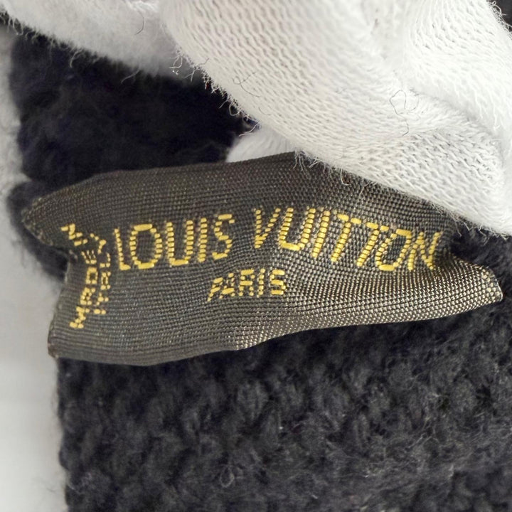 Great LOUIS VUITTON Knit cap Logo leather patch Damier knit hat black 402775