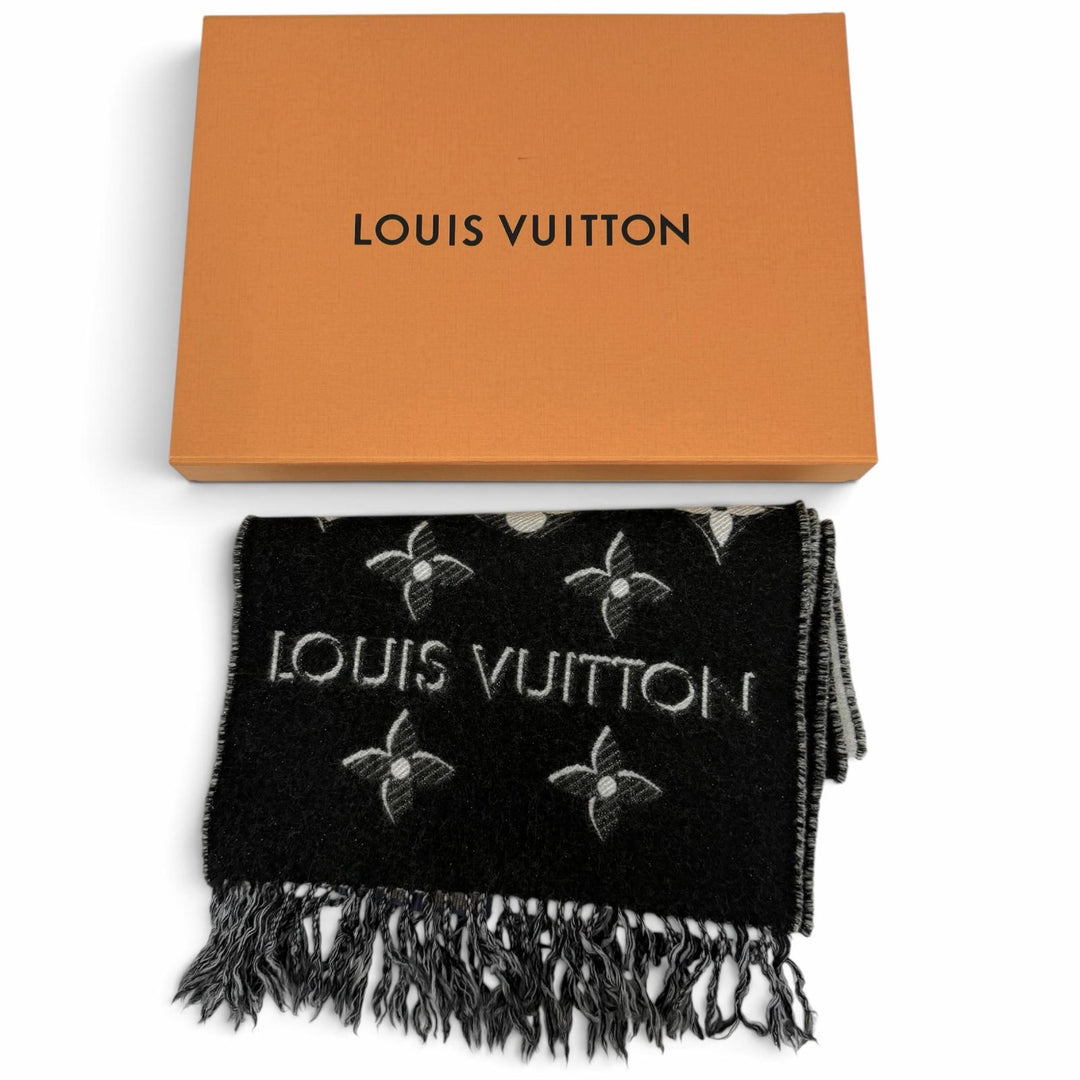 Great LOUIS VUITTON Scarf LV Essential Monogram Shine Fringe black
