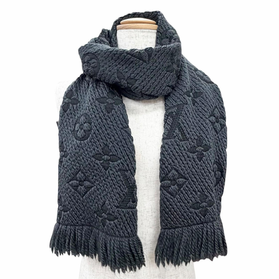 Great LOUIS VUITTON Scarf Escalp Logo Mania Monogram Dark gray wool Women 413287
