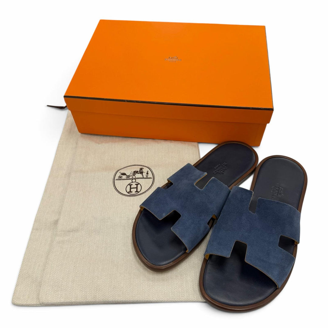 Excellent HERMES Sandals Izmir slide Navy Suede leather mens 41