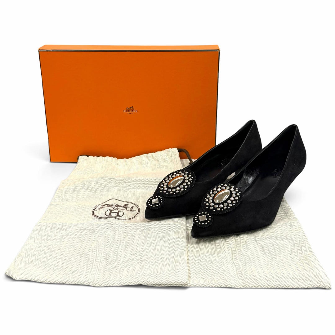 Pristine HERMES pumps Studded pointed-toe suede leather shoes Suede leather 36