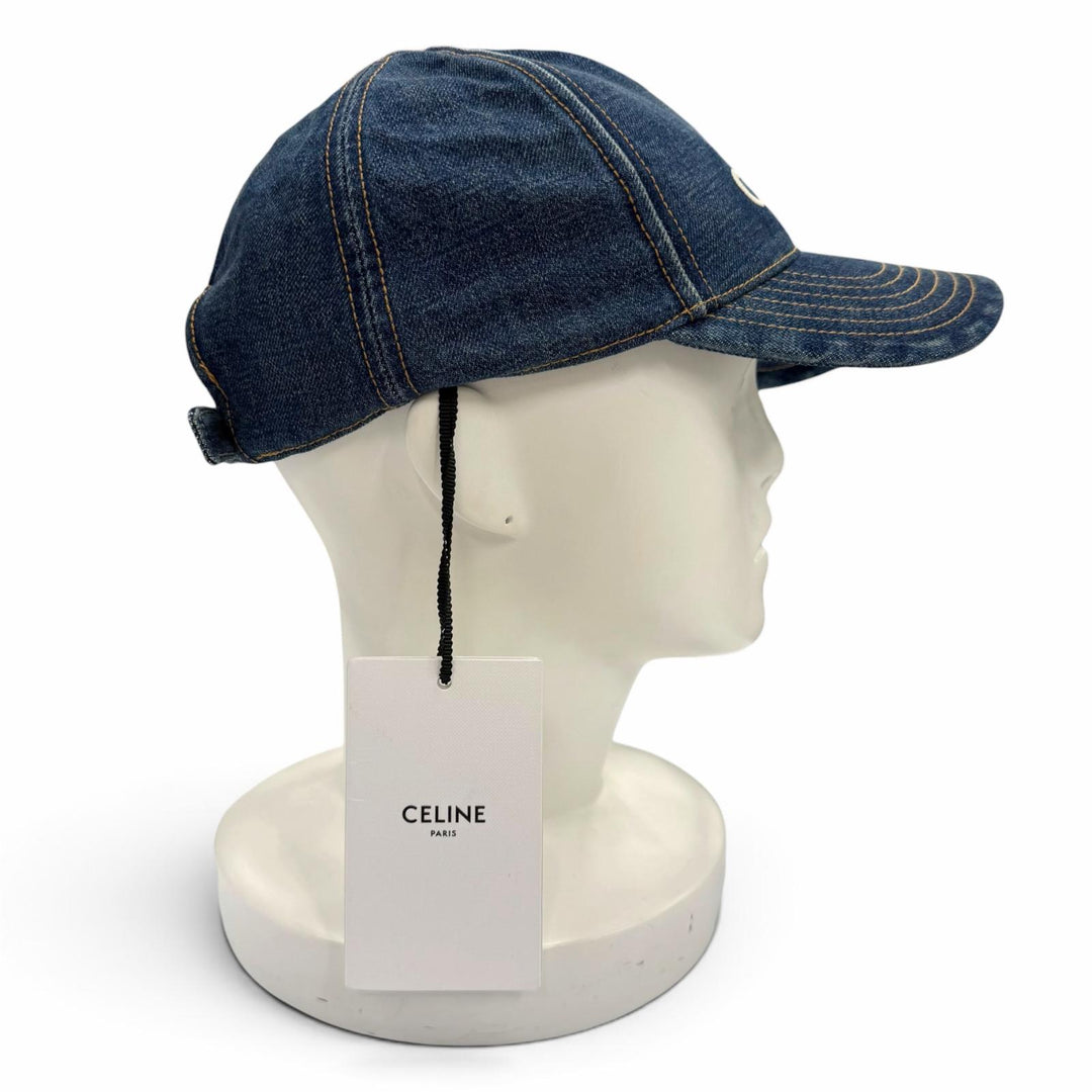 Pristine CELINE cap Logo embroidered denim hat Indigo cotton mens L 2AUS9815V