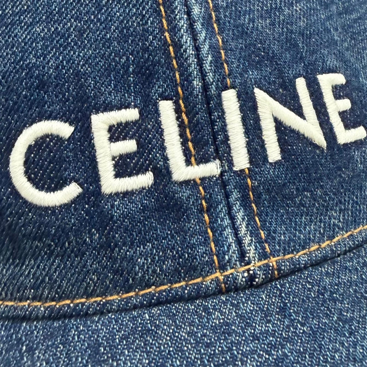 Pristine CELINE cap Logo embroidered denim hat Indigo cotton mens L 2AUS9815V