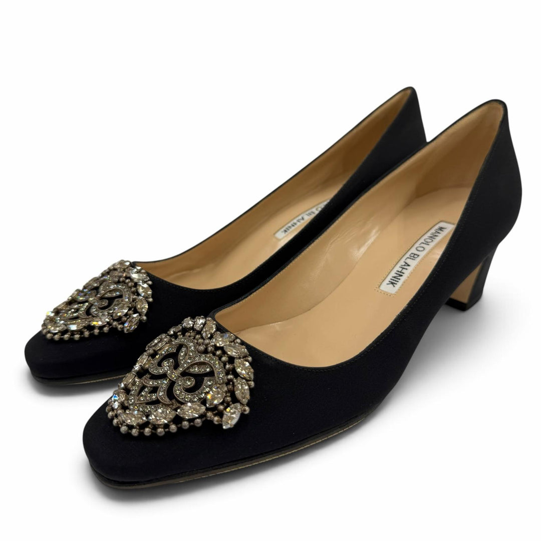 Pristine MANOLO BLAHNIK pumps OKKATO All-over jewel pattern black Satin 36.5