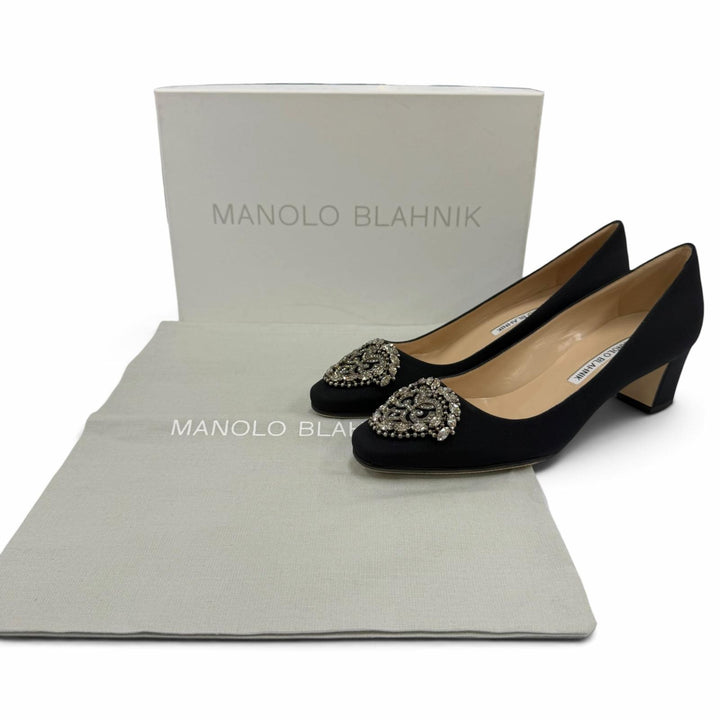 Pristine MANOLO BLAHNIK pumps OKKATO All-over jewel pattern black Satin 36.5