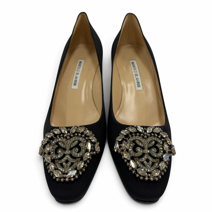 Pristine MANOLO BLAHNIK pumps OKKATO All-over jewel pattern black Satin 36.5