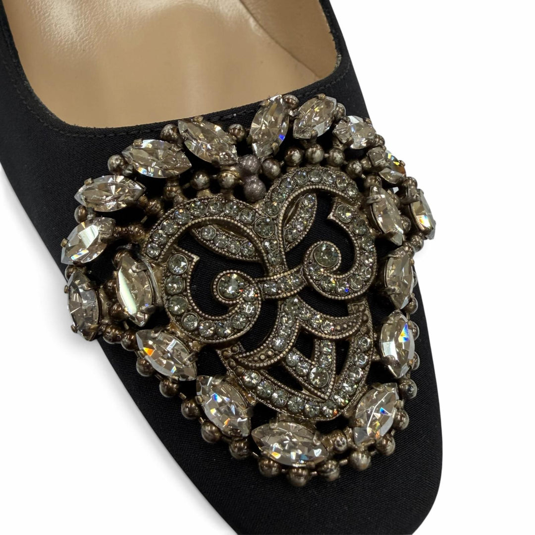 Pristine MANOLO BLAHNIK pumps OKKATO All-over jewel pattern black Satin 36.5