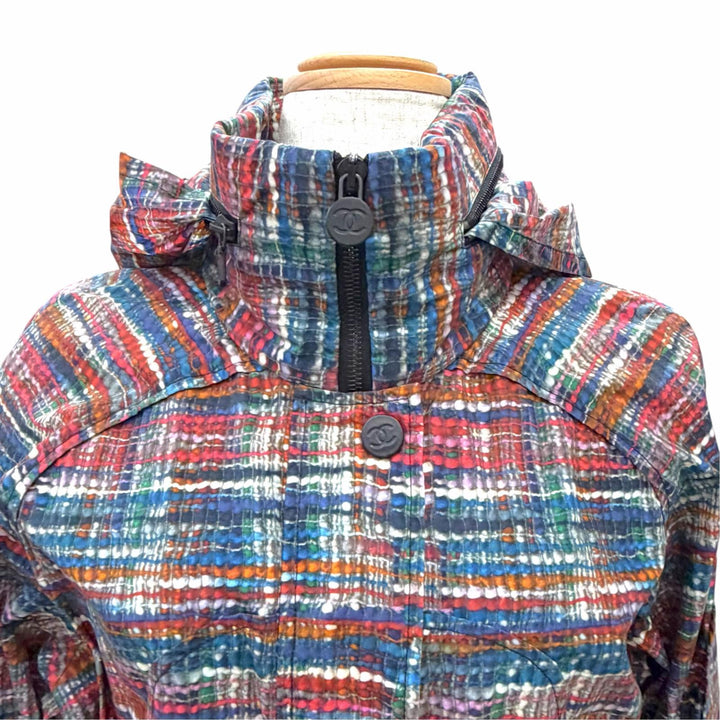 Excellent CHANEL COCO Button Tweed Print Hooded Rain Jacket 36 P48057V35794