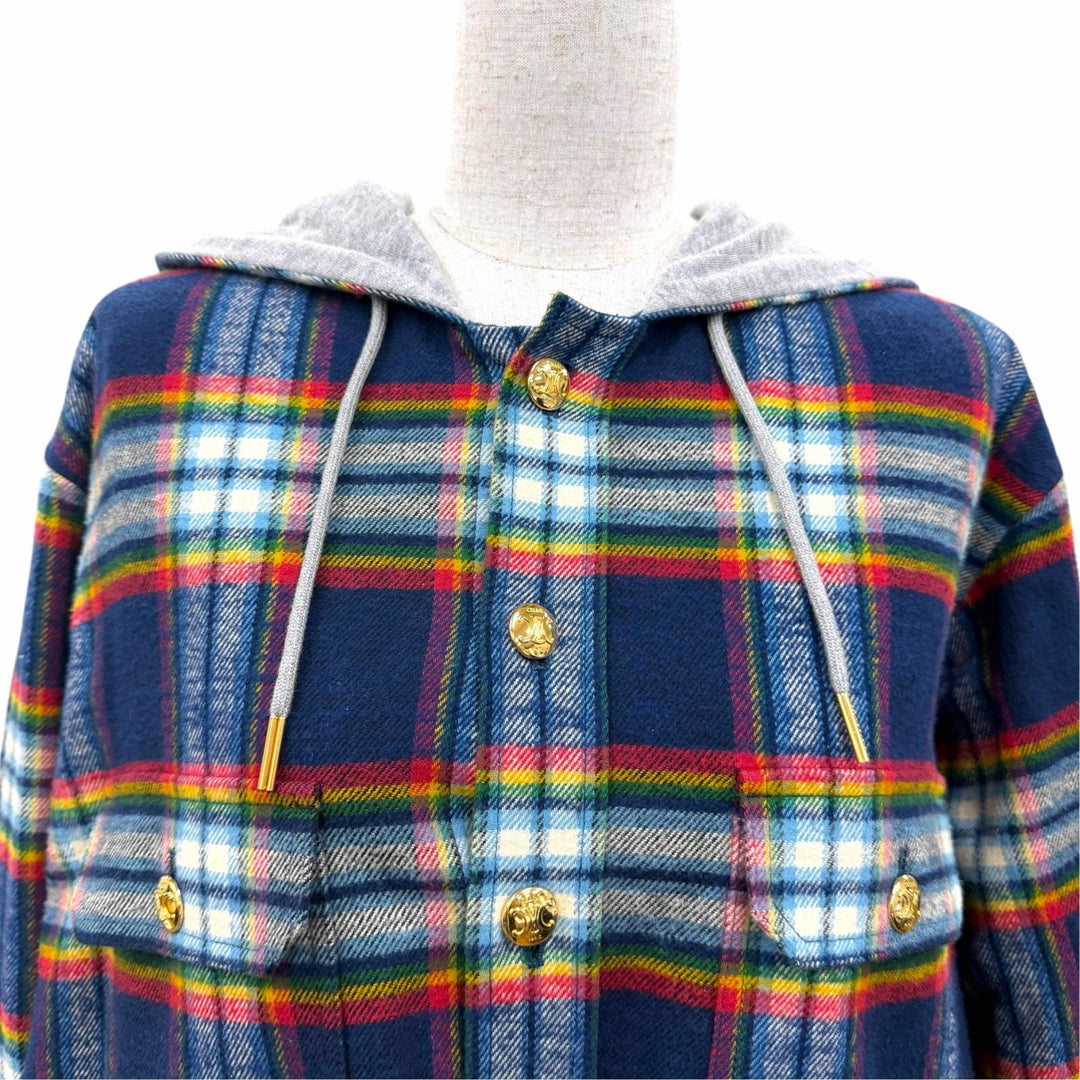Excellent CELINE Jacket Triomphe button, check pattern, padded overshirt. 34