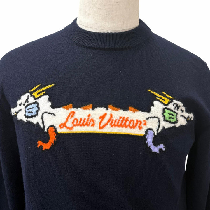 Great LOUIS VUITTON NIGO sweater Intarsia Jacquard Dragon Navy cashmere mens XS