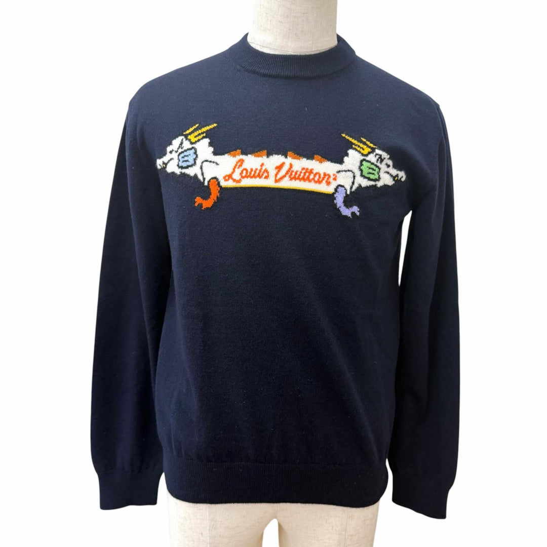 Great LOUIS VUITTON NIGO sweater Intarsia Jacquard Dragon Navy cashmere mens XS