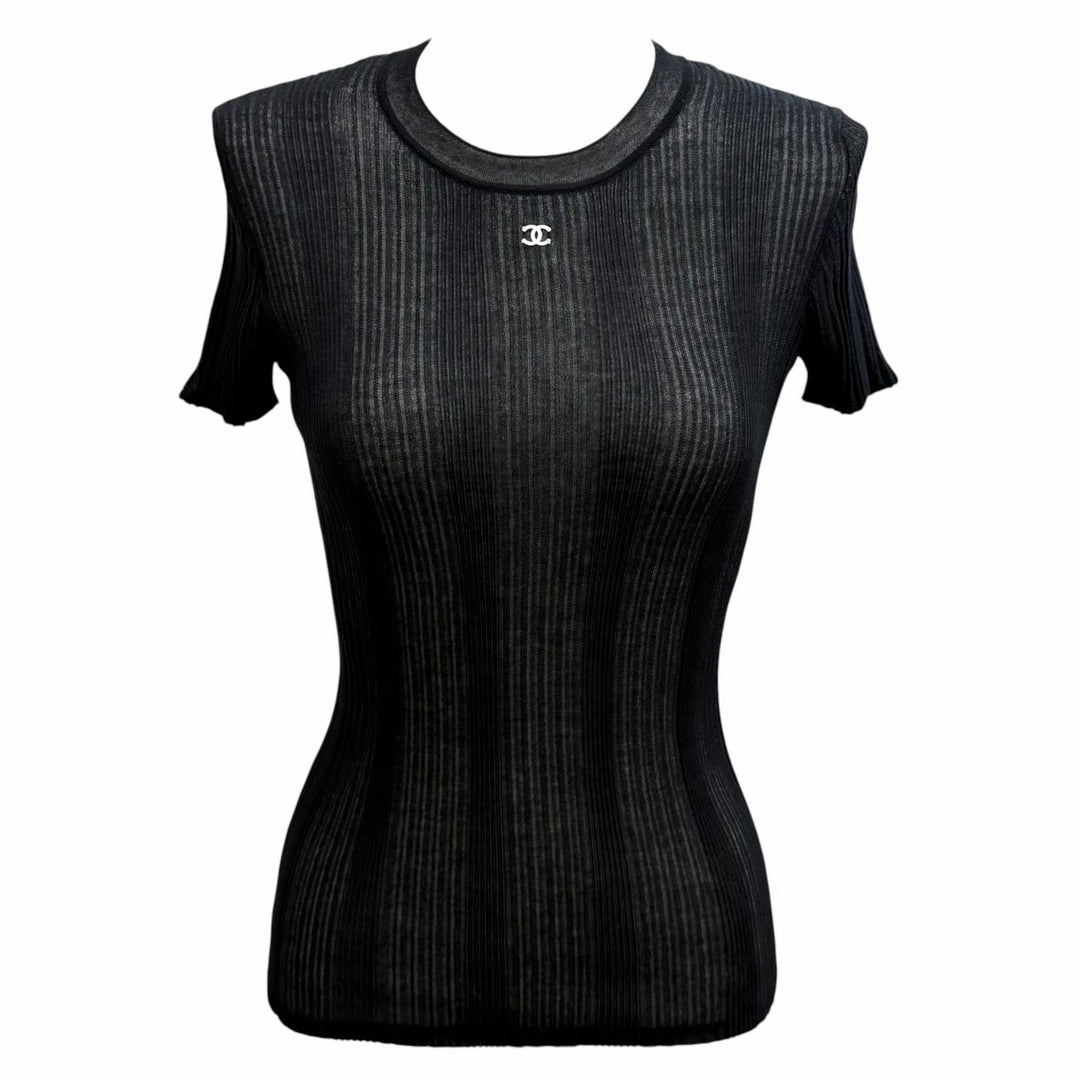 Pristine CHANEL tops COCO Mark Short Sleeve black cotton Women 34 P81543K11855