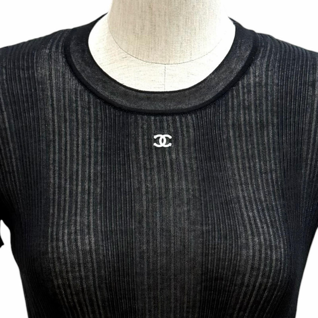 Pristine CHANEL tops COCO Mark Short Sleeve black cotton Women 34 P81543K11855