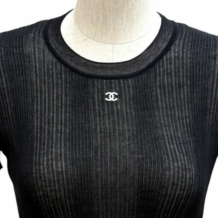 Pristine CHANEL tops COCO Mark Short Sleeve black cotton Women 34 P81543K11855