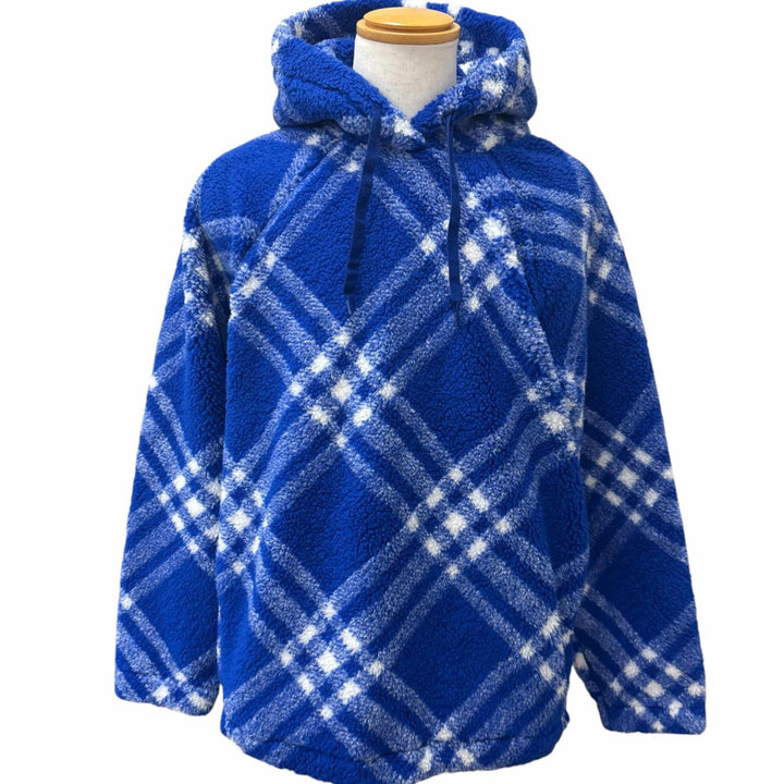 Pristine BURBERRY hoodie Check Pattern Pullover Boa Fleece blue