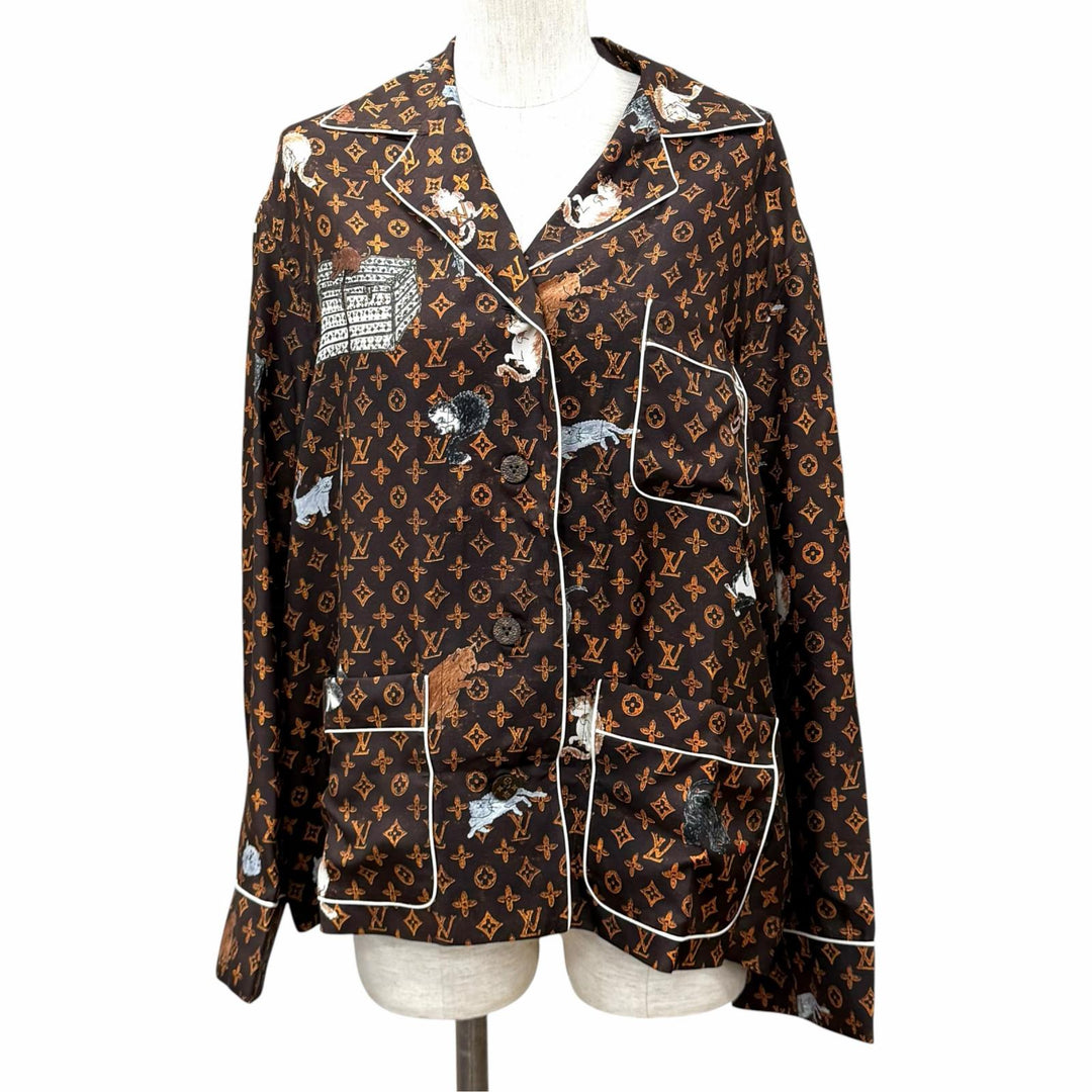 Pristine LOUIS VUITTON Long sleeve shirt Monogram Button Catgram Brown silk 36