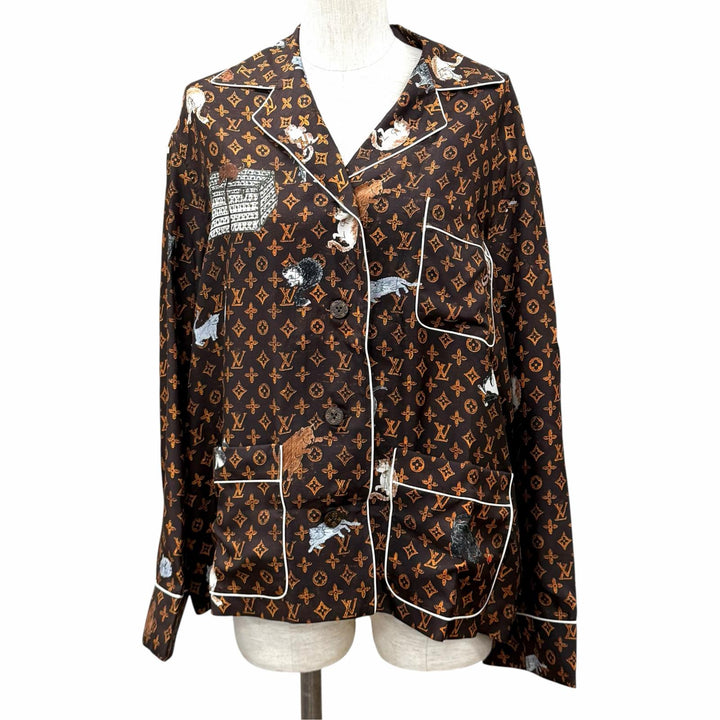 Pristine LOUIS VUITTON Long sleeve shirt Monogram Button Catgram Brown silk 36