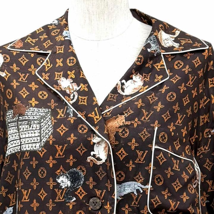 Pristine LOUIS VUITTON Long sleeve shirt Monogram Button Catgram Brown silk 36