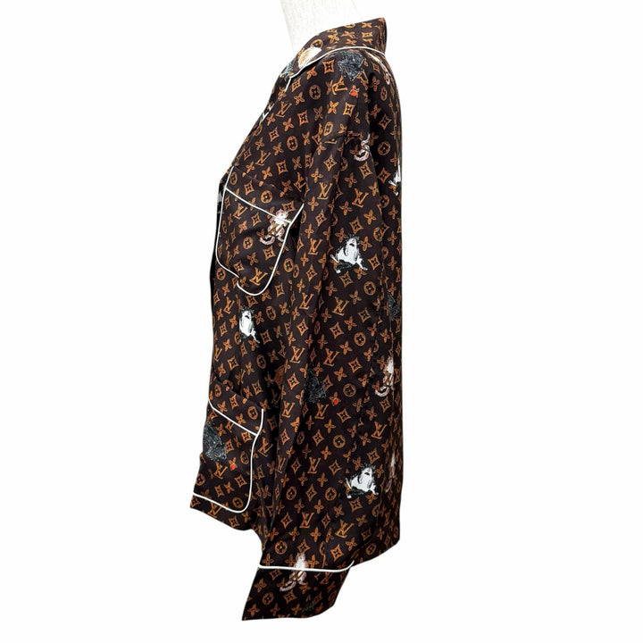 Pristine LOUIS VUITTON Long sleeve shirt Monogram Button Catgram Brown silk 36