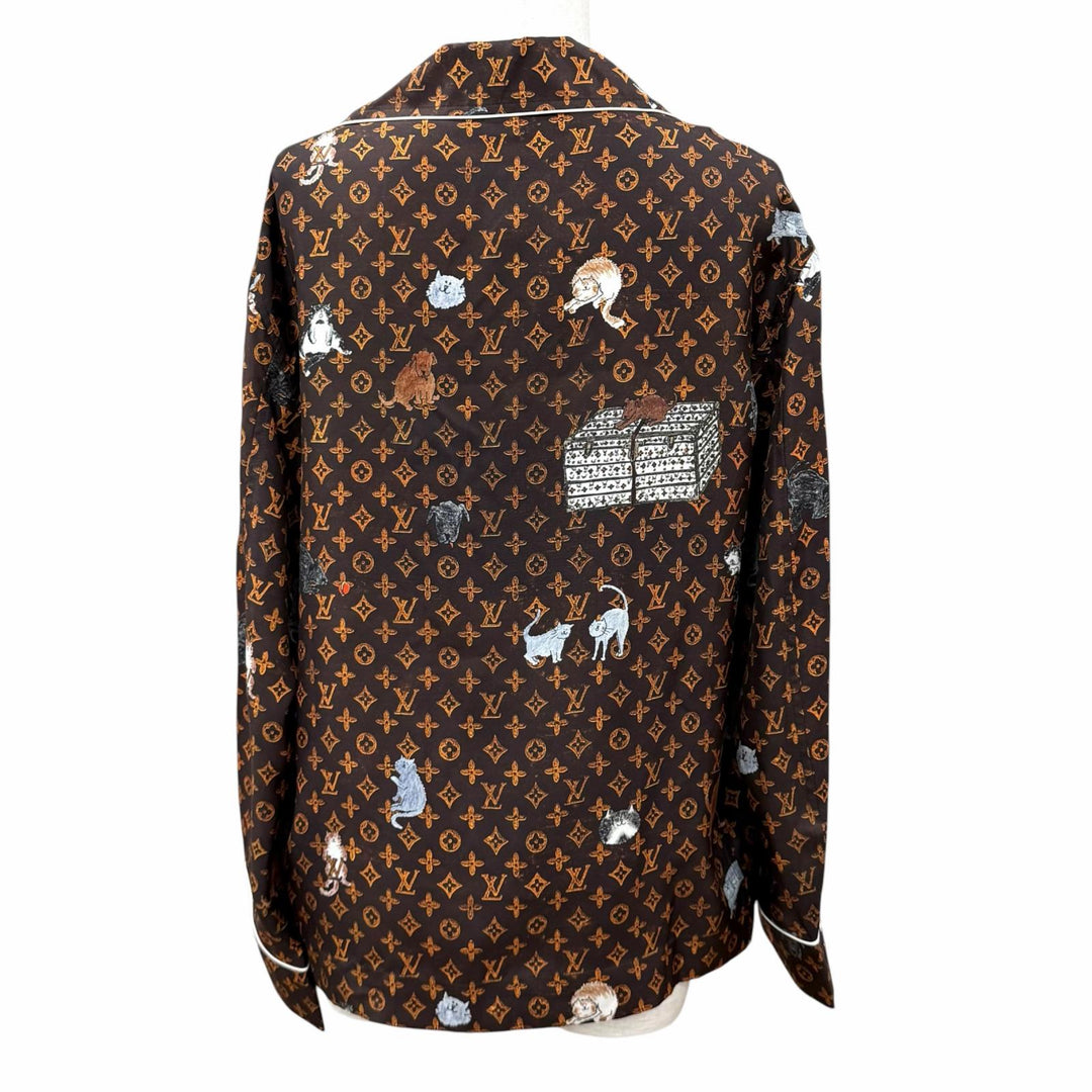 Pristine LOUIS VUITTON Long sleeve shirt Monogram Button Catgram Brown silk 36