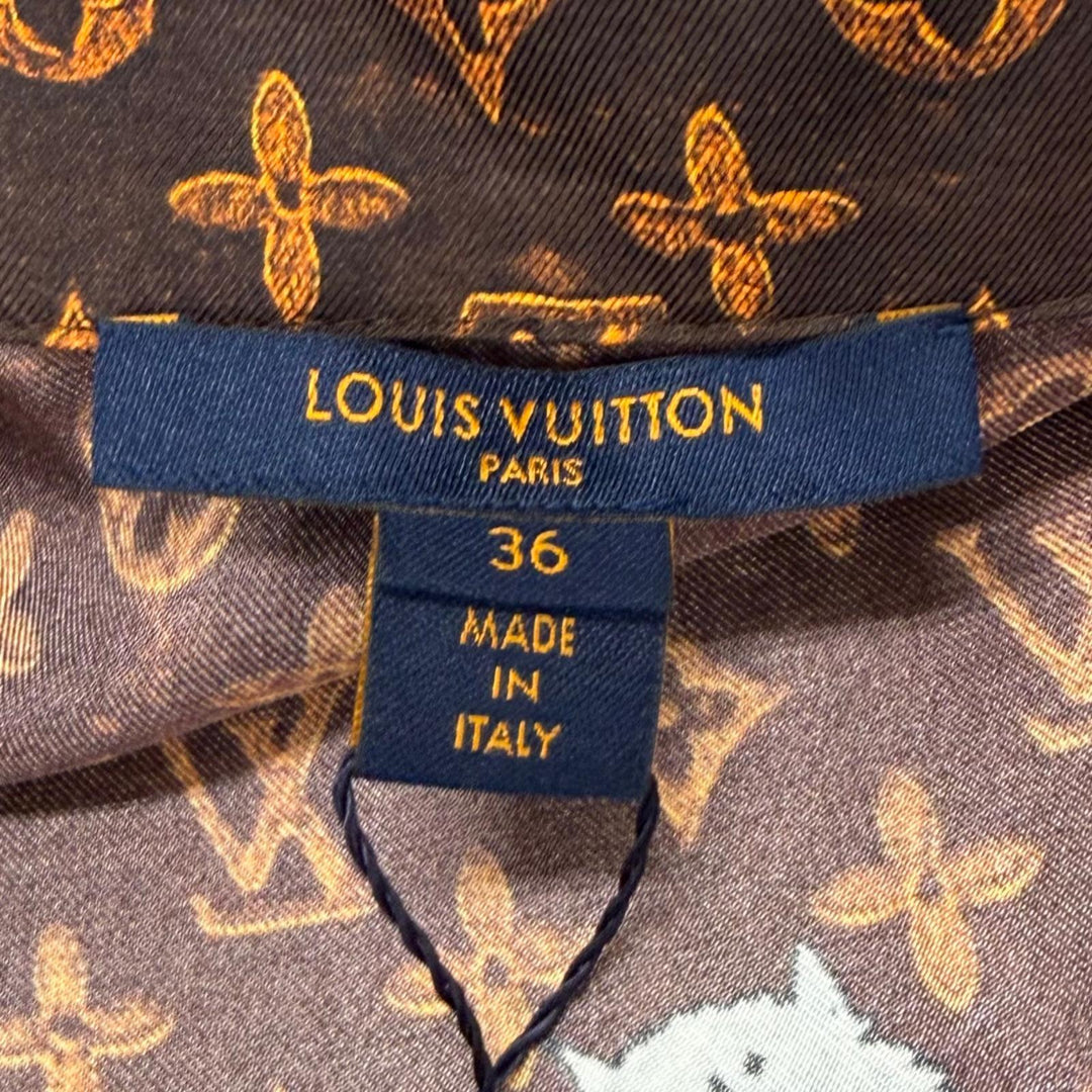 Pristine LOUIS VUITTON Long sleeve shirt Monogram Button Catgram Brown silk 36