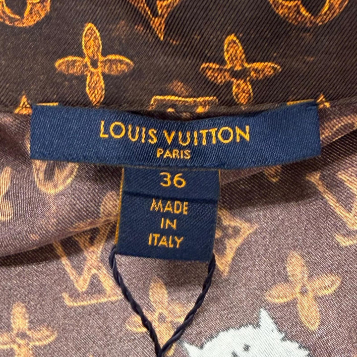 Pristine LOUIS VUITTON Long sleeve shirt Monogram Button Catgram Brown silk 36