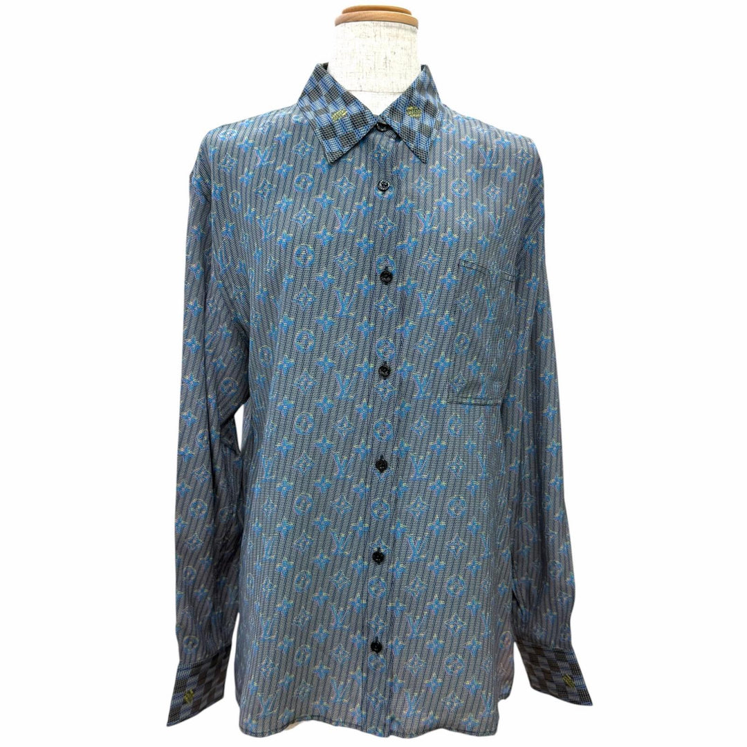 Pristine LOUIS VUITTON Long sleeve shirt 3D monogram logo buttons Blue silk 34