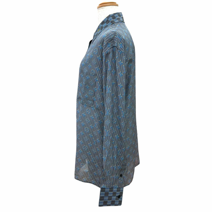 Pristine LOUIS VUITTON Long sleeve shirt 3D monogram logo buttons Blue silk 34