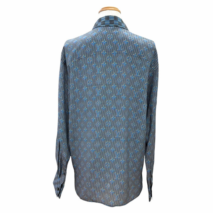 Pristine LOUIS VUITTON Long sleeve shirt 3D monogram logo buttons Blue silk 34